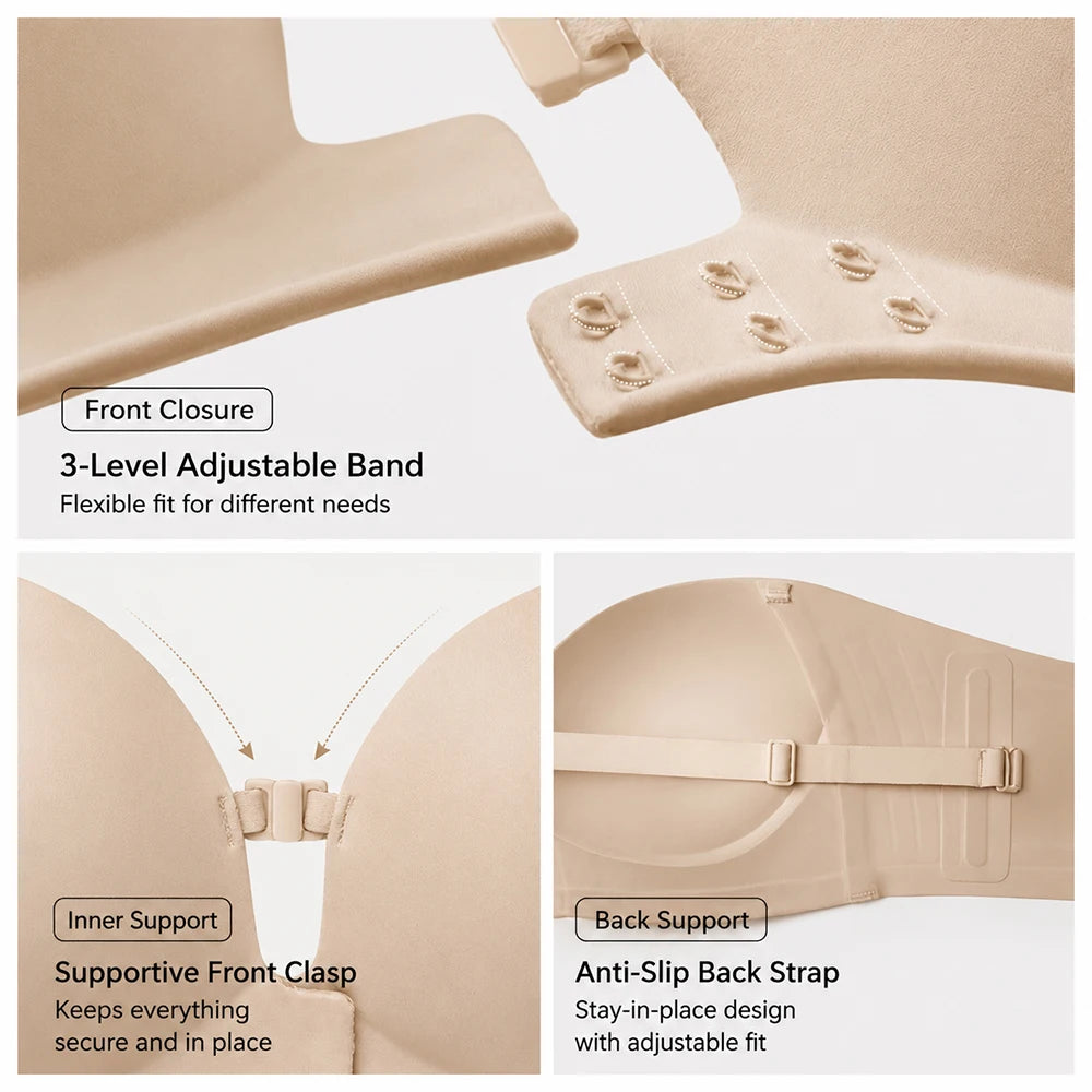 Women Strapless Front Closure Bra Push Up Lift Bra Padded Add Cup Anti-Slip Grip Removable Wireless Supportive Seamless